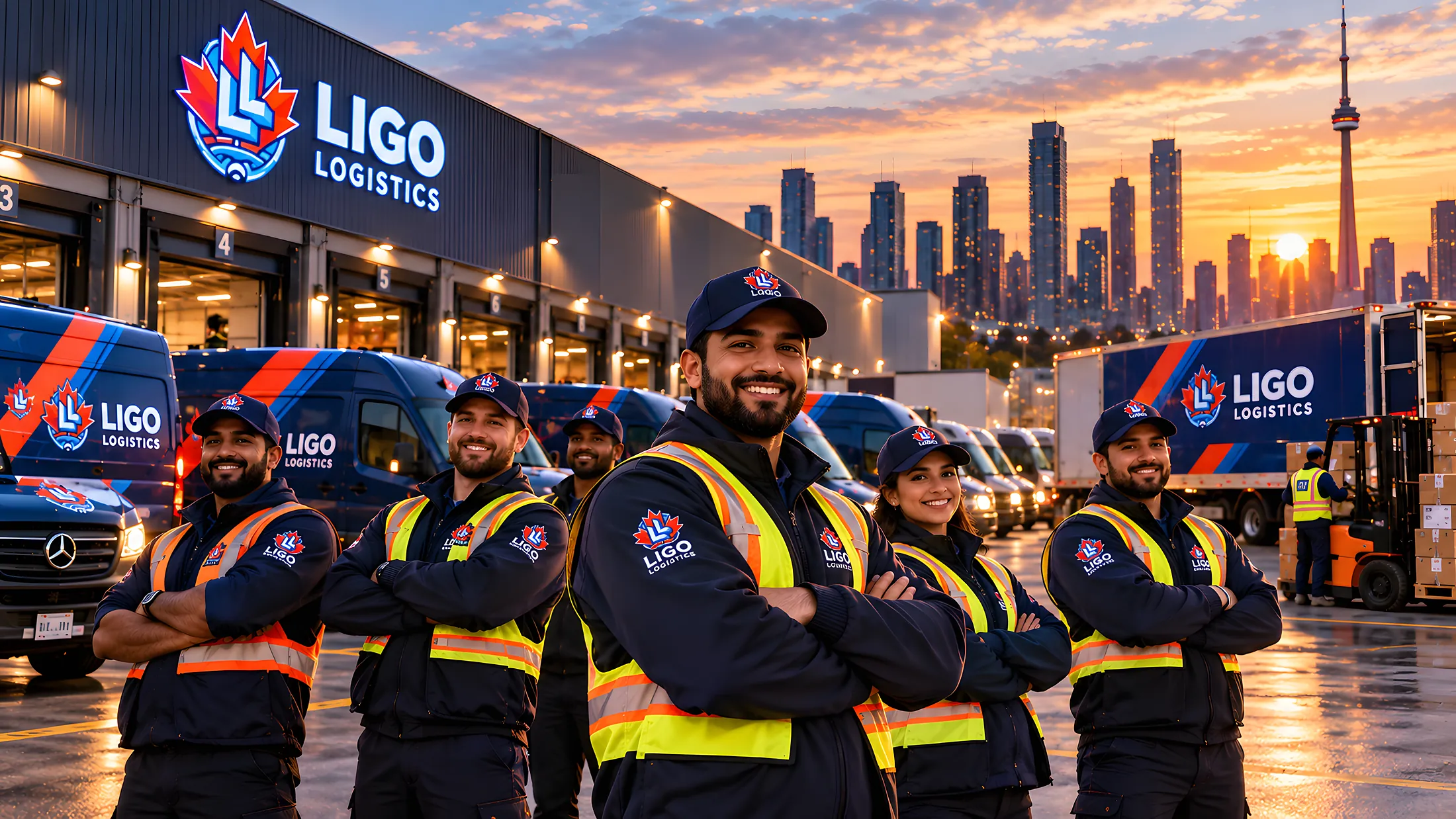 LIGO Logistics drivers in branded high-visibility uniforms in front of the fleet